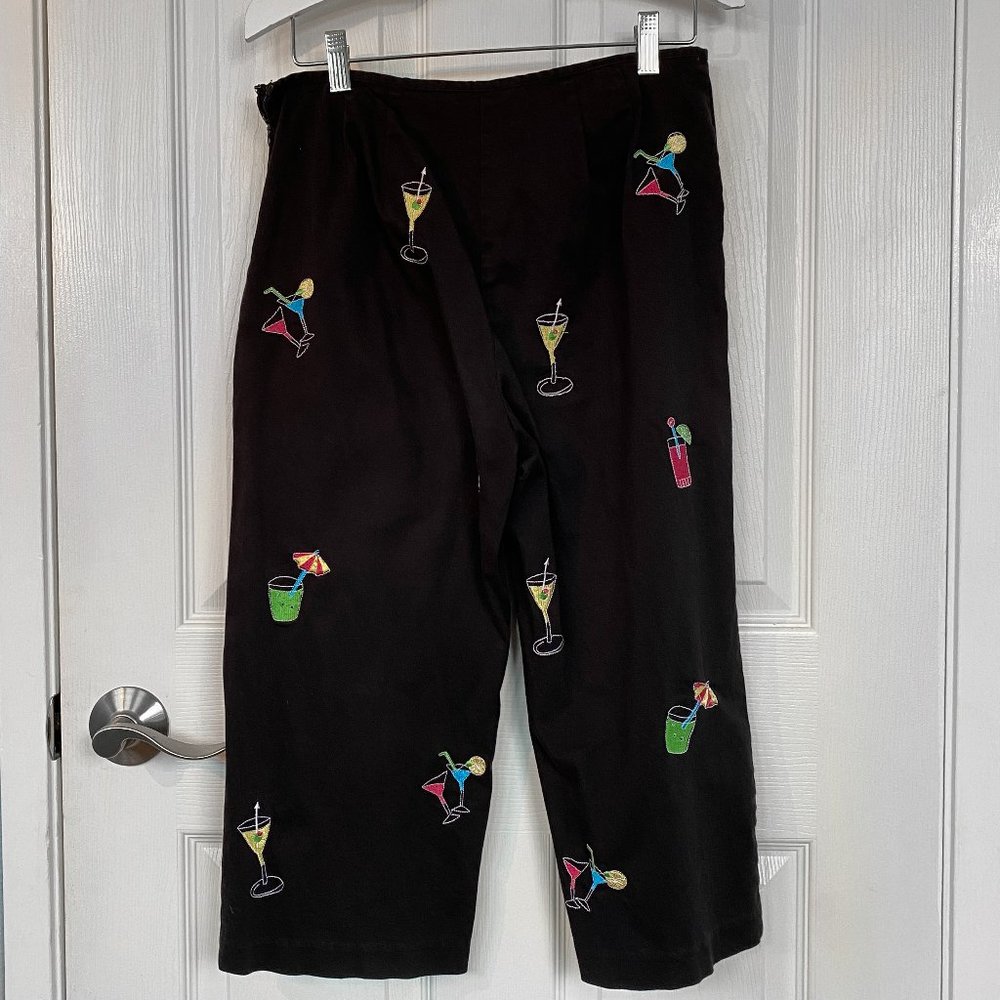 Fun Black Party Pants with Colorful Cocktail Appliques by “Edward”
